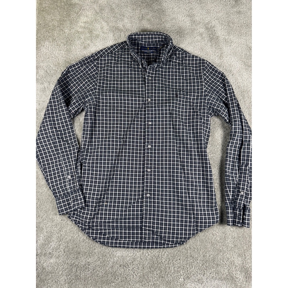 Ralph Lauren Mens Slim Fit Navy Blue White Grid Check Button Down Shirt Size M